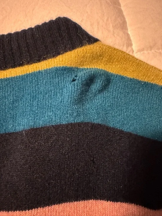 KULE Navy-Trim Striped V-Neck Cardigan in Coral, Teal & Olive - Picture 10 of 15